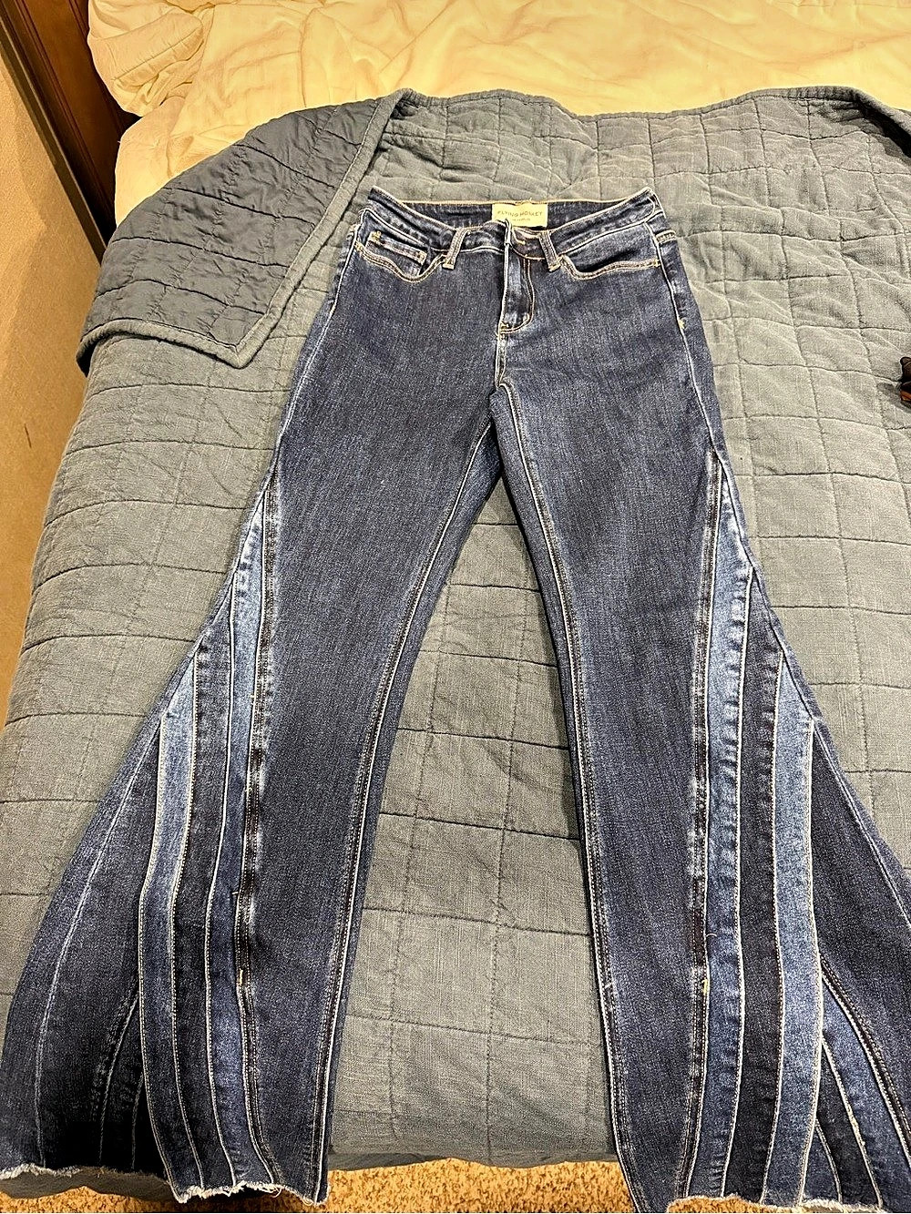 Flying Monkey High Rise Super Flare Jeans in Blue Waist 27